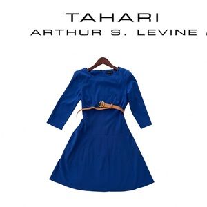 Tahari Blue Fit Flare A-line Long Sleeve Dress with Leather Belt